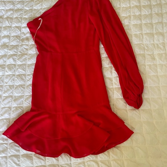 Michael Costello Sunny Chiffon Red One Shoulder Dress - Picture 12 of 15